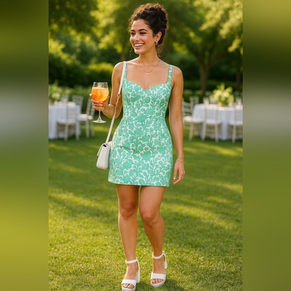 Spring Wedding Guest Dress Floral Linen Green Sundress New